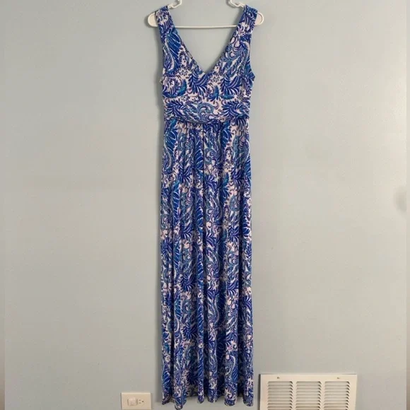 Lilly Pulitzer Medium M Bird Is The Word Sloane Maxi Dress Blue Coastal Beach - Picture 10 of 13